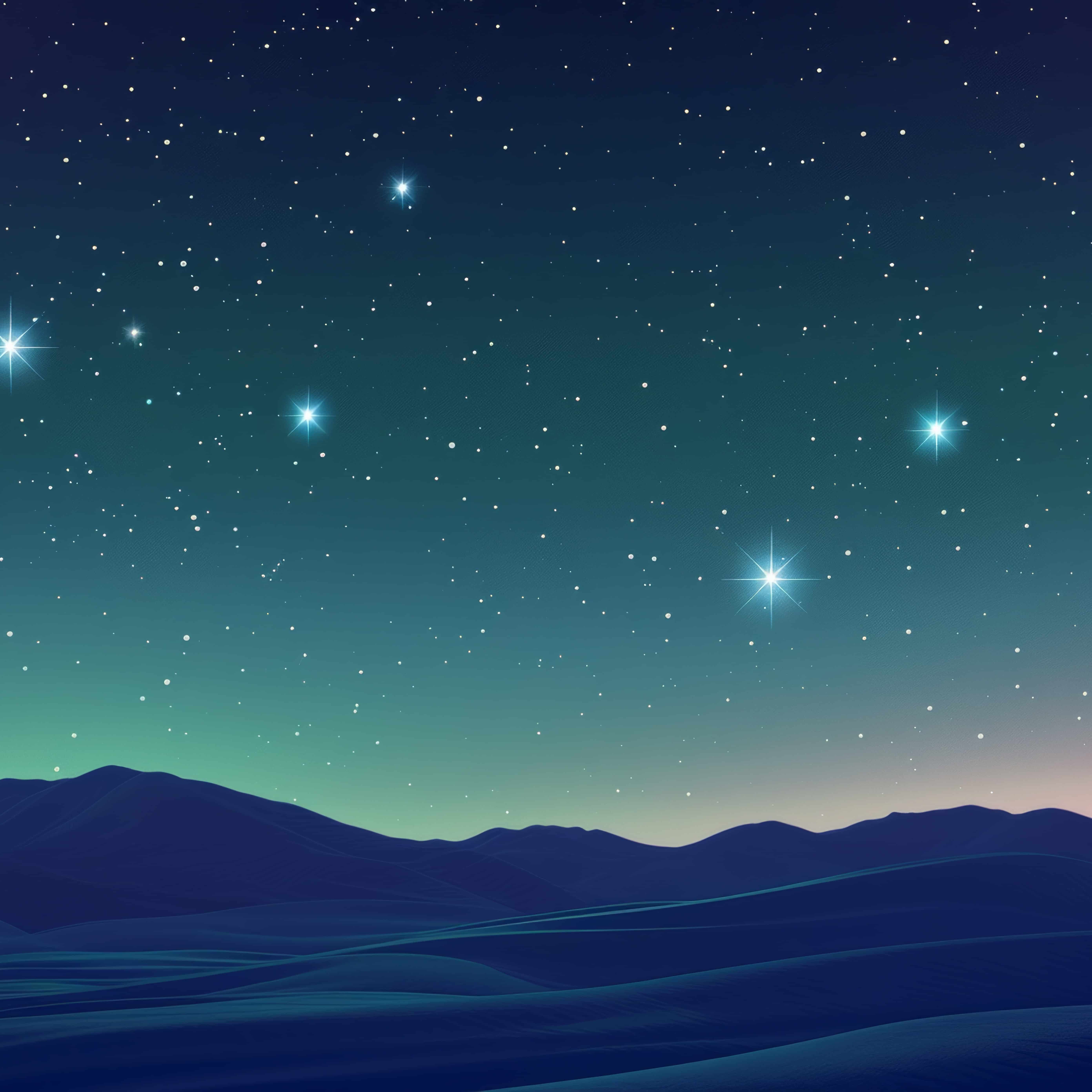 Pleiades star cluster, modern minimalistic graphic illustration of a beautiful night sky with seven shining star on a mountain landscape, blue and green gradient, celebrating the matariki star holiday